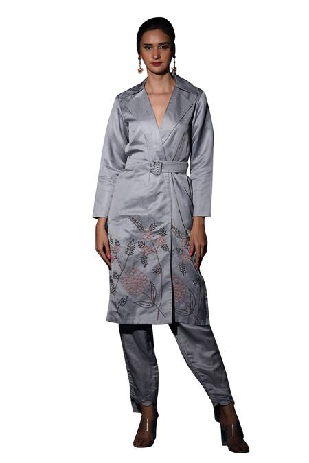 Label Deepshika Agarwal_Grey Silk Embroidery Collared Trench Coat Kurta And Pant Set _Online_at_Aza_Fashions