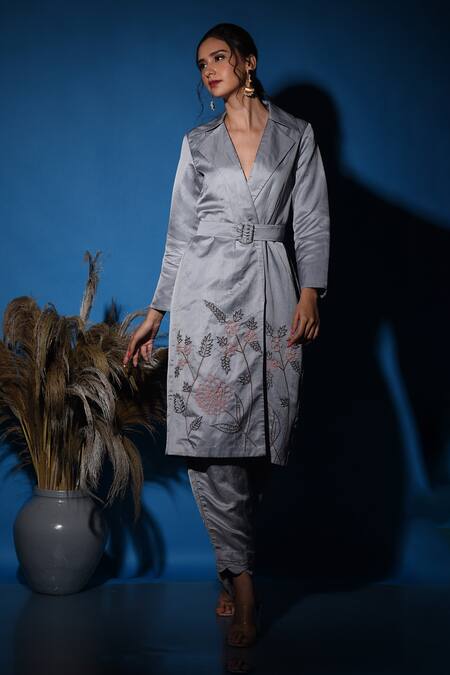 Shop_Label Deepshika Agarwal_Grey Silk Embroidery Collared Trench Coat Kurta And Pant Set _Online_at_Aza_Fashions