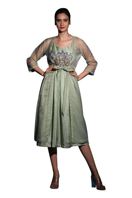 Label Deepshika Agarwal_Green Organza Emboidered Thread Scoop Neck Floral Gathered Dress With Jacket _Online_at_Aza_Fashions