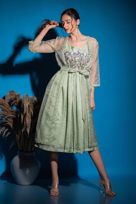 Buy_Label Deepshika Agarwal_Green Organza Emboidered Thread Scoop Neck Floral Gathered Dress With Jacket _Online_at_Aza_Fashions