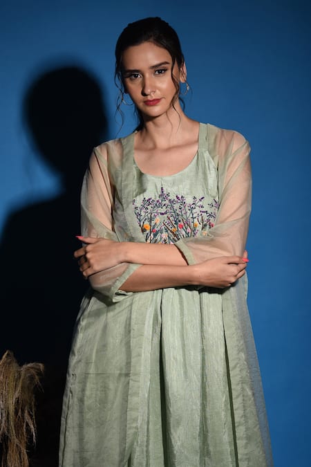 Buy_Label Deepshika Agarwal_Green Organza Emboidered Thread Scoop Neck Floral Gathered Dress With Jacket 