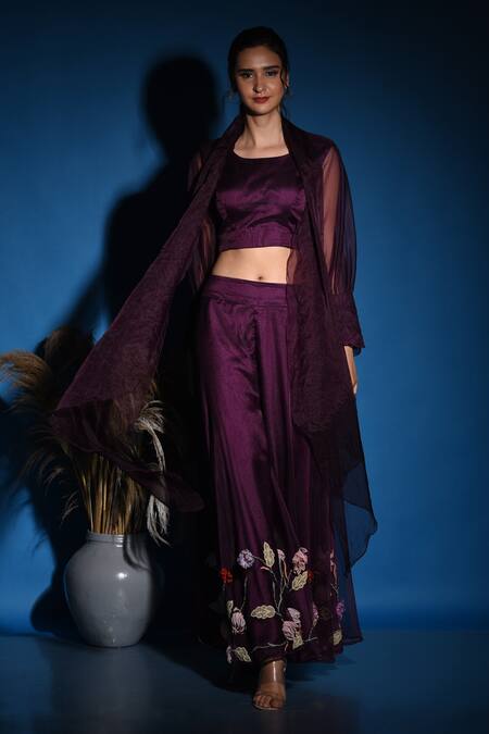 Label Deepshika Agarwal_Wine Organza Embroidery Square Neck Floral Palazzo Set _Online_at_Aza_Fashions