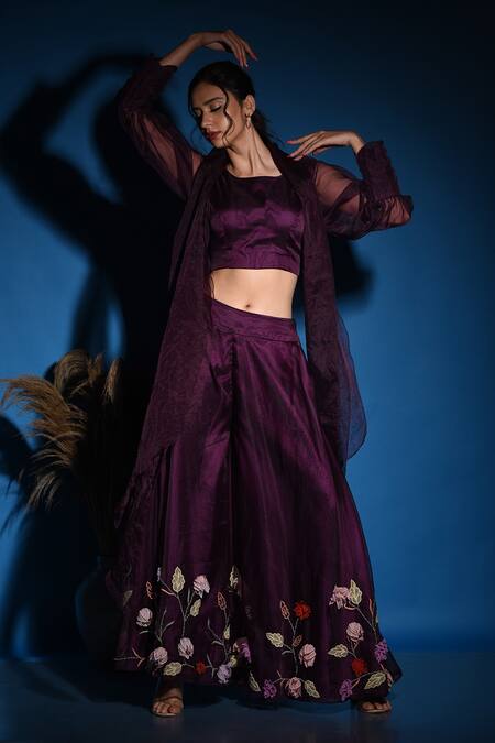 Buy_Label Deepshika Agarwal_Wine Organza Embroidery Square Neck Floral Palazzo Set _Online_at_Aza_Fashions