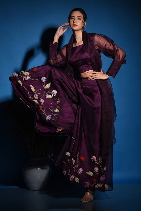 Shop_Label Deepshika Agarwal_Wine Organza Embroidery Square Neck Floral Palazzo Set _Online_at_Aza_Fashions