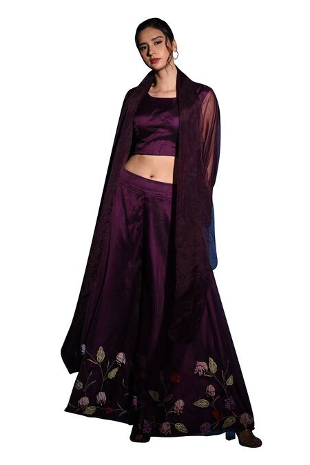 Label Deepshika Agarwal Wine Organza Embroidery Square Neck Floral Palazzo Set at Aza Fashions Label Deepshika Agarwal_Wine Organza Embroidery Square Neck Floral Palazzo Set _at_Aza_Fashions