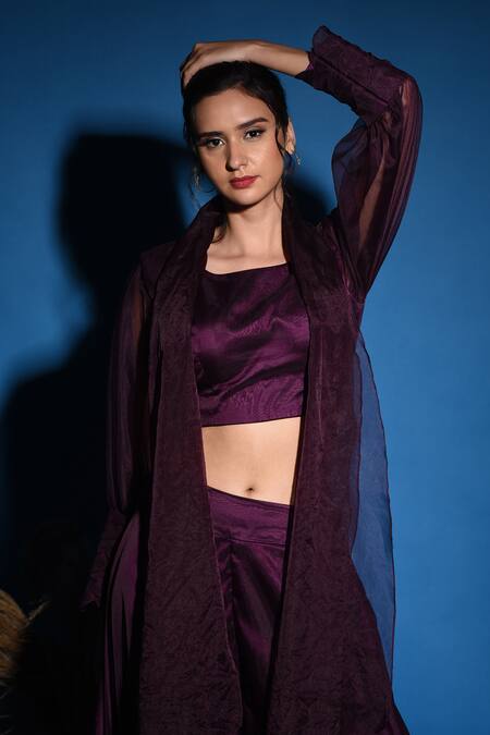 Buy_Label Deepshika Agarwal_Wine Organza Embroidery Square Neck Floral Palazzo Set 