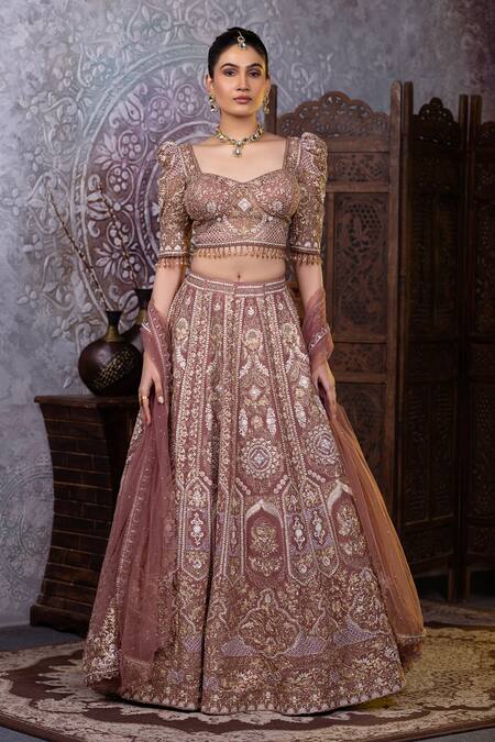 Raj Arora_Brown Net, Crepe Pearls, Zahira Aari And Dori Embroidered Blouse Lehenga Set _Online_at_Aza_Fashions