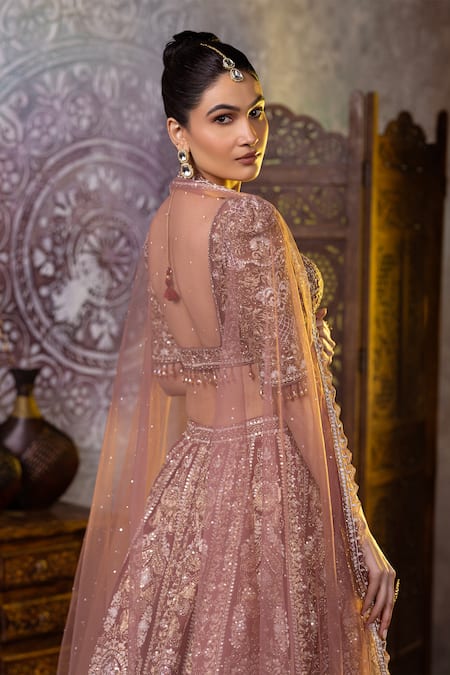 Raj Arora_Brown Net, Crepe Pearls, Zahira Aari And Dori Embroidered Blouse Lehenga Set _at_Aza_Fashions