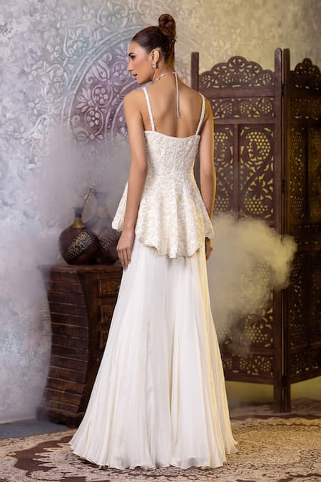 Shop Raj Arora Ivory Georgette Embroidery, Cut Work Sweetheart Neck Peplum Top Skirt Set at Aza Fashions Shop_Raj Arora_Ivory Georgette Embroidery, Cut Work Sweetheart Neck Peplum Top Skirt Set _at_Aza_Fashions