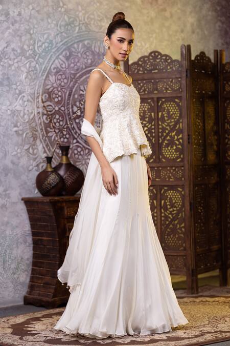 Buy Raj Arora Ivory Georgette Embroidery, Cut Work Sweetheart Neck Peplum Top Skirt Set Online at Aza Fashions Buy_Raj Arora_Ivory Georgette Embroidery, Cut Work Sweetheart Neck Peplum Top Skirt Set _Online_at_Aza_Fashions