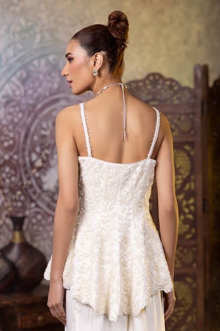 Raj Arora Ivory Georgette Embroidery, Cut Work Sweetheart Neck Peplum Top Skirt Set at Aza Fashions Raj Arora_Ivory Georgette Embroidery, Cut Work Sweetheart Neck Peplum Top Skirt Set _at_Aza_Fashions