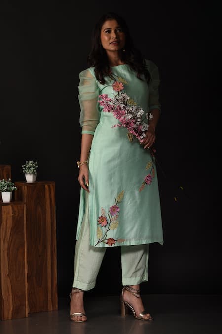 Label Deepshika Agarwal_Green Silk, Organza Embroidery, Applique Boat Neck 3d Floral Kurta With Pant _Online_at_Aza_Fashions