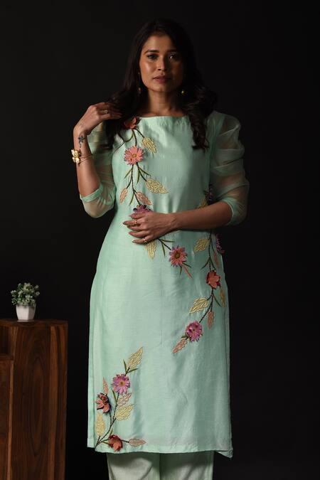 Shop_Label Deepshika Agarwal_Green Silk, Organza Embroidery, Applique Boat Neck 3d Floral Kurta With Pant _Online_at_Aza_Fashions