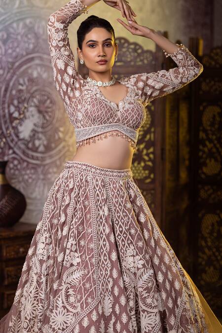Raj Arora_Pink Net Sequins, Beads V-neck Dori Embroidered Blouse Lehenga Set _Online_at_Aza_Fashions