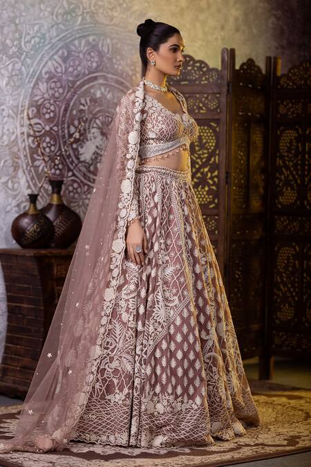 Buy_Raj Arora_Pink Net Sequins, Beads V-neck Dori Embroidered Blouse Lehenga Set _Online_at_Aza_Fashions