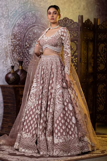 Shop_Raj Arora_Pink Net Sequins, Beads V-neck Dori Embroidered Blouse Lehenga Set _Online_at_Aza_Fashions