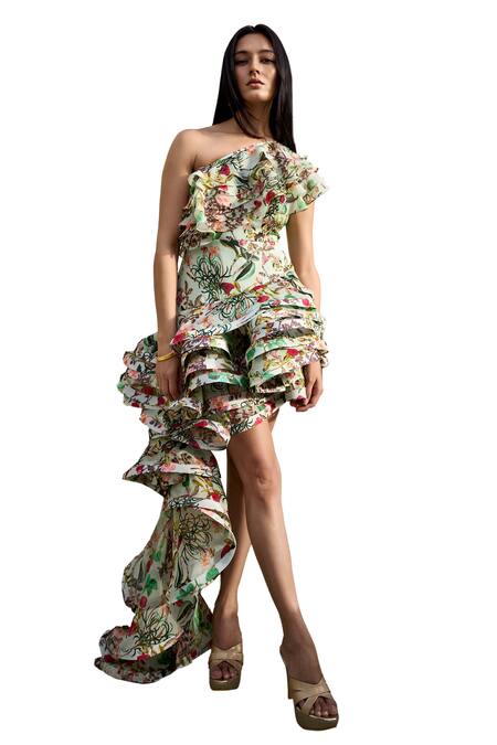 Prints By Radhika_Multi Color Organza Print Garden One Shoulder Ruffle Dress _Online_at_Aza_Fashions