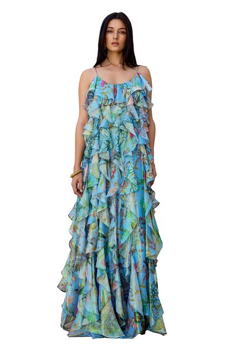Prints By Radhika_Blue Rainbow Lurex Print Floral Vine Round Ruffle Dress _Online_at_Aza_Fashions