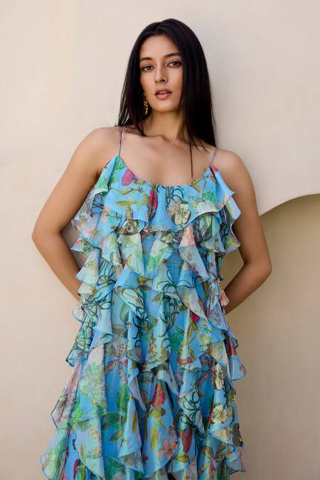 Shop_Prints By Radhika_Blue Rainbow Lurex Print Floral Vine Round Ruffle Dress _Online_at_Aza_Fashions