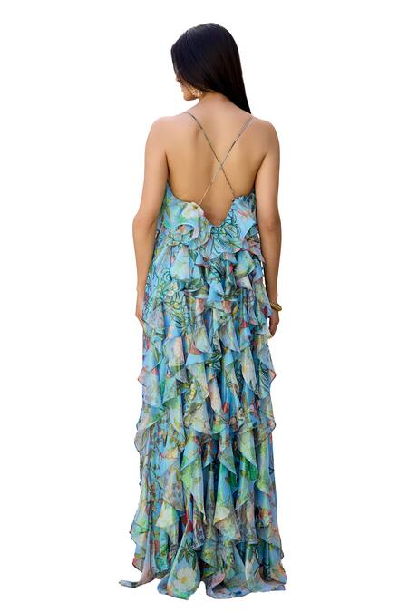 Shop_Prints By Radhika_Blue Rainbow Lurex Print Floral Vine Round Ruffle Dress 