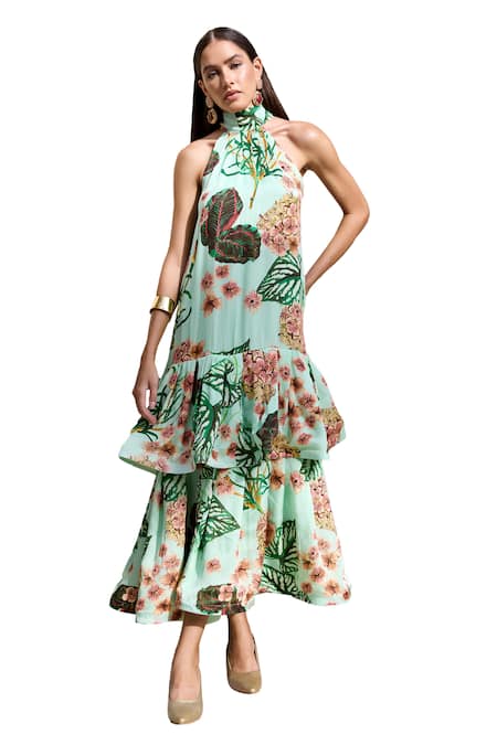 Prints By Radhika_Green Satin Organza Print Floral And Foliage Band Collar Ruffle Dress _Online_at_Aza_Fashions