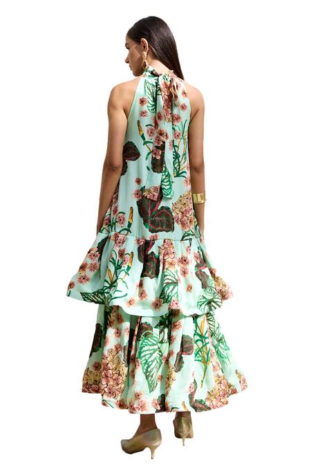 Buy_Prints By Radhika_Green Satin Organza Print Floral And Foliage Band Collar Ruffle Dress _Online_at_Aza_Fashions