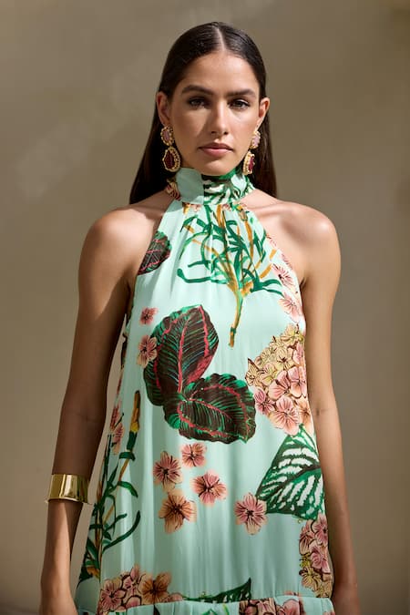 Shop_Prints By Radhika_Green Satin Organza Print Floral And Foliage Band Collar Ruffle Dress _Online_at_Aza_Fashions