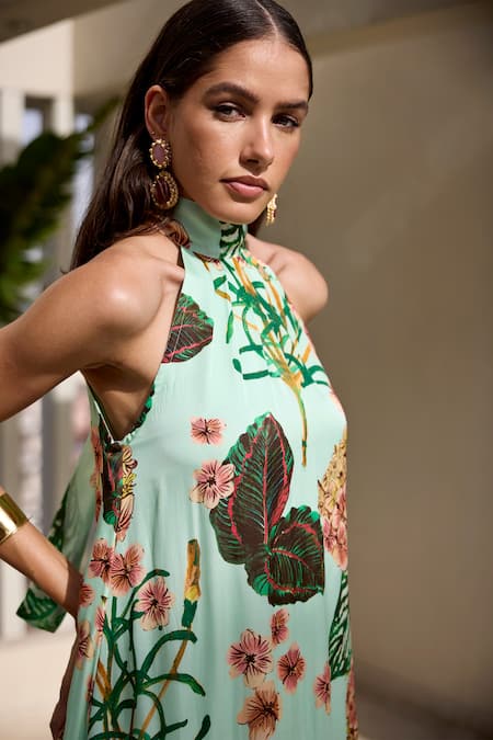 Shop_Prints By Radhika_Green Satin Organza Print Floral And Foliage Band Collar Ruffle Dress 