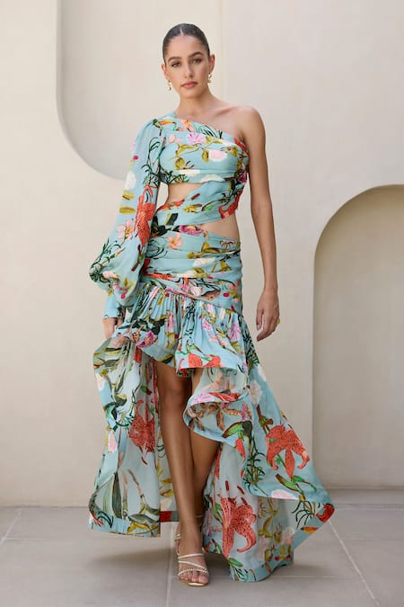 Buy Prints By Radhika Blue Satin Organza Print Floral One Shoulder Cut-out Draped Dress Online at Aza Fashions Buy_Prints By Radhika_Blue Satin Organza Print Floral One Shoulder Cut-out Draped Dress _Online_at_Aza_Fashions