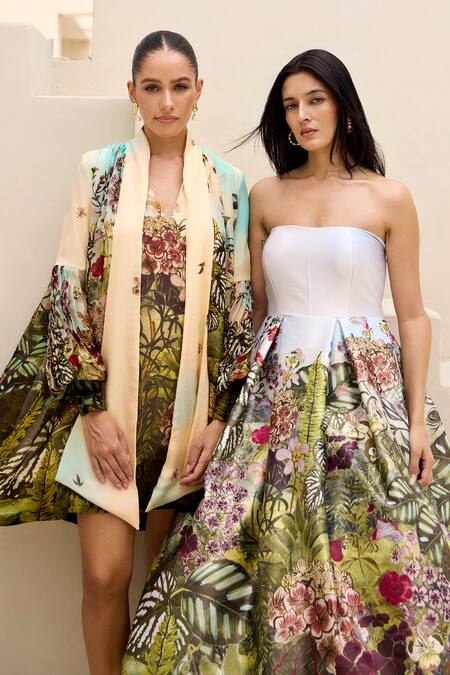 Prints By Radhika_Green Dutchess Satin Print Garden Straight Floral Strapless Dress _Online_at_Aza_Fashions