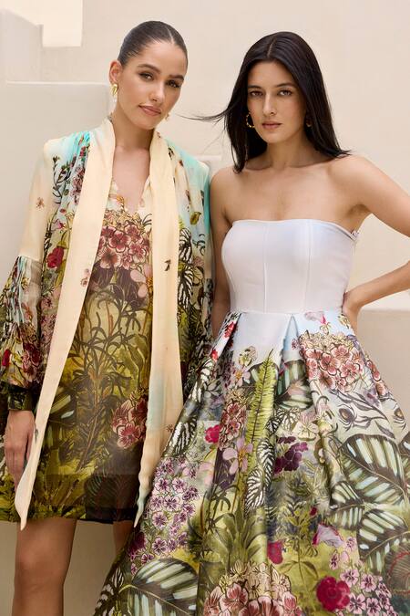 Buy_Prints By Radhika_Green Dutchess Satin Print Garden Straight Floral Strapless Dress _Online_at_Aza_Fashions