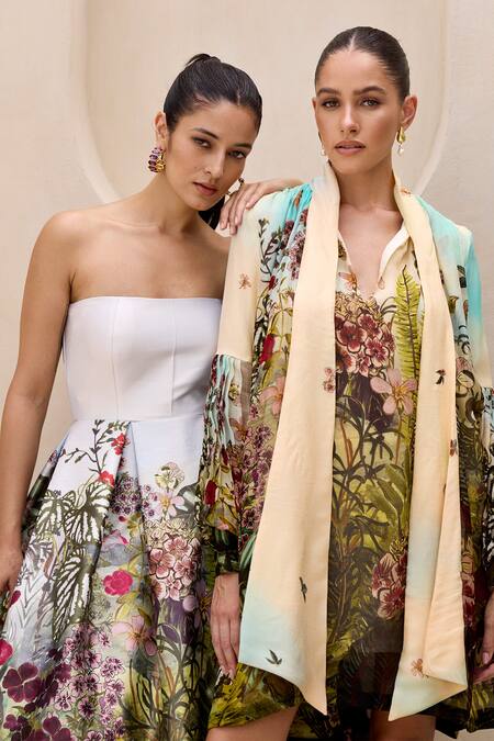 Shop_Prints By Radhika_Green Dutchess Satin Print Garden Straight Floral Strapless Dress _Online_at_Aza_Fashions