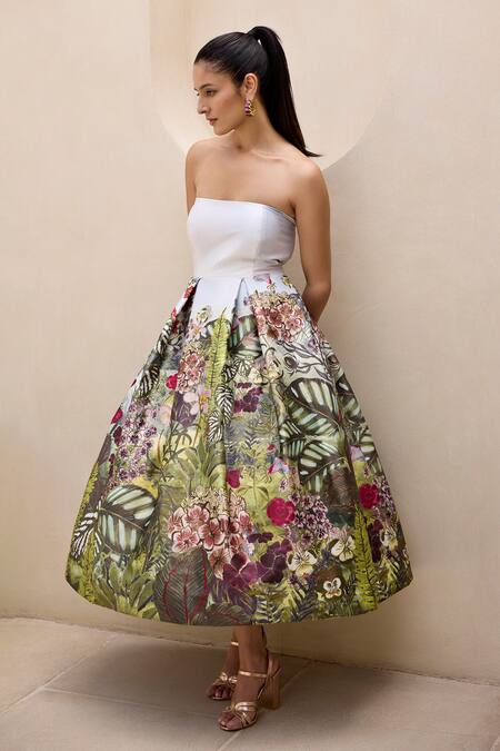Prints By Radhika_Green Dutchess Satin Print Garden Straight Floral Strapless Dress _at_Aza_Fashions