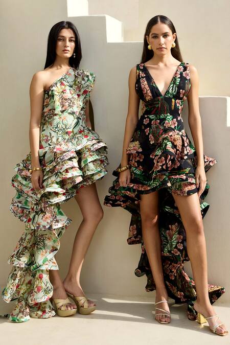 Prints By Radhika Multi Color Organza Print Blossom V-neck Ruffle Trail Dress Online at Aza Fashions Prints By Radhika_Multi Color Organza Print Blossom V-neck Ruffle Trail Dress _Online_at_Aza_Fashions