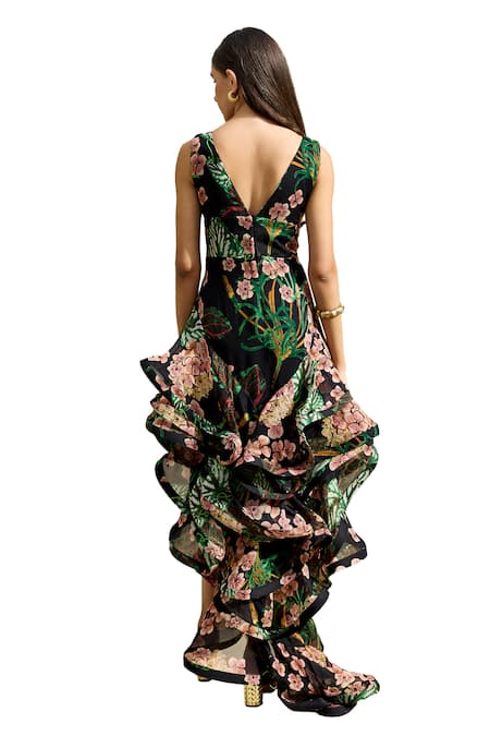 Shop Prints By Radhika Multi Color Organza Print Blossom V-neck Ruffle Trail Dress Shop_Prints By Radhika_Multi Color Organza Print Blossom V-neck Ruffle Trail Dress