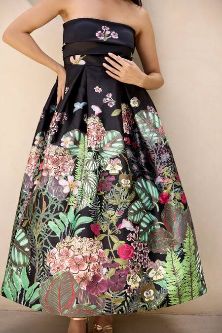 Prints by Radhika Black Dutchess Satin Print Botanic Straight Strapless Dress  6