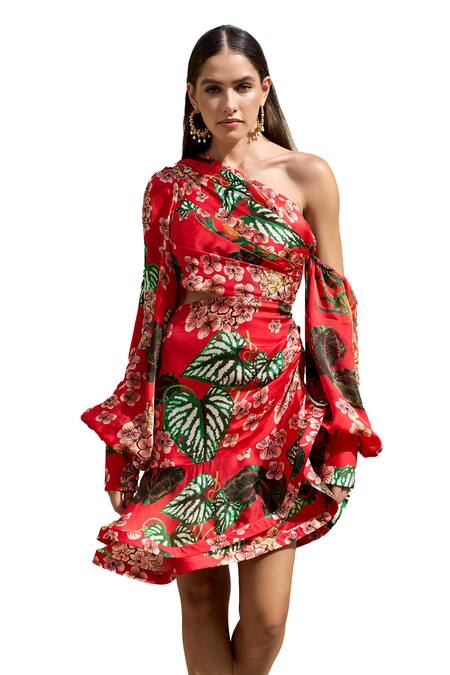 Buy Prints By Radhika Red Satin Organza Print Foliage One Shoulder Tiered Dress Online at Aza Fashions Buy_Prints By Radhika_Red Satin Organza Print Foliage One Shoulder Tiered Dress _Online_at_Aza_Fashions