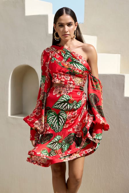 Shop Prints By Radhika Red Satin Organza Print Foliage One Shoulder Tiered Dress Online at Aza Fashions Shop_Prints By Radhika_Red Satin Organza Print Foliage One Shoulder Tiered Dress _Online_at_Aza_Fashions