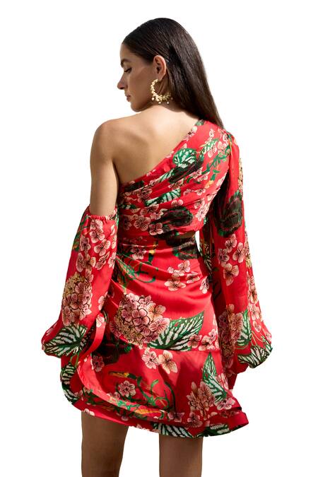Shop Prints By Radhika Red Satin Organza Print Foliage One Shoulder Tiered Dress Shop_Prints By Radhika_Red Satin Organza Print Foliage One Shoulder Tiered Dress