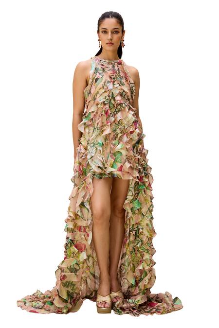 Shop_Prints By Radhika_Pink Rainbow Lurex Georgette Print Floral Vine Round Ruffled Dress _Online_at_Aza_Fashions