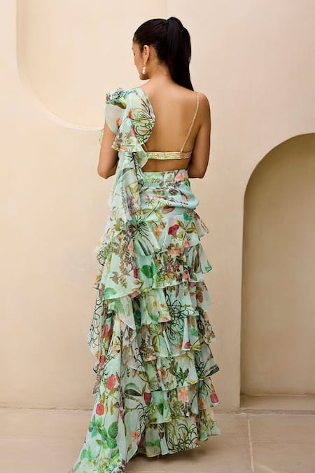 Prints By Radhika Floral Vine Print Pre-Draped Ruffle Saree With Blouse 