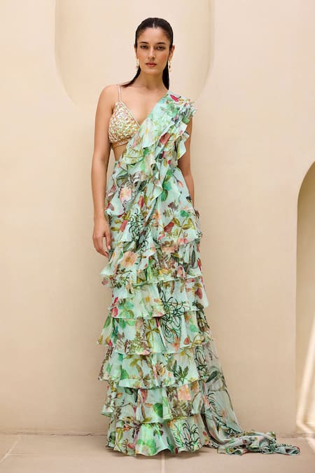 Buy Prints By Radhika Green Georgette, Lurex Floral Vine Print Pre-draped Ruffle Saree With Blouse Online at Aza Fashions Buy_Prints By Radhika_Green Georgette, Lurex Floral Vine Print Pre-draped Ruffle Saree With Blouse _Online_at_Aza_Fashions