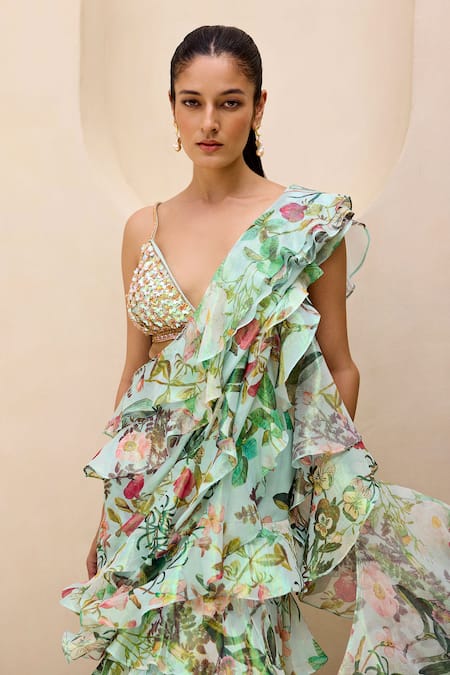 Shop Prints By Radhika Green Georgette, Lurex Floral Vine Print Pre-draped Ruffle Saree With Blouse Online at Aza Fashions Shop_Prints By Radhika_Green Georgette, Lurex Floral Vine Print Pre-draped Ruffle Saree With Blouse _Online_at_Aza_Fashions