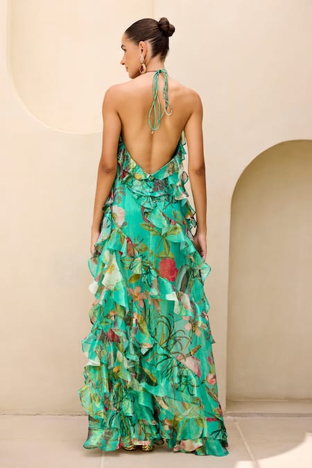 Prints By Radhika Floral Vine Print Ruffle Slit Dress 