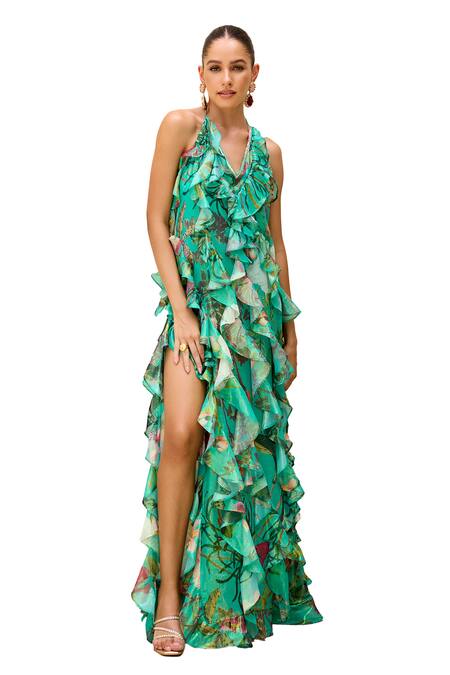 Prints By Radhika_Green Rainbow Lurex Georgette Print Floral Vine Halter Neck Ruffle Slit Dress _Online_at_Aza_Fashions