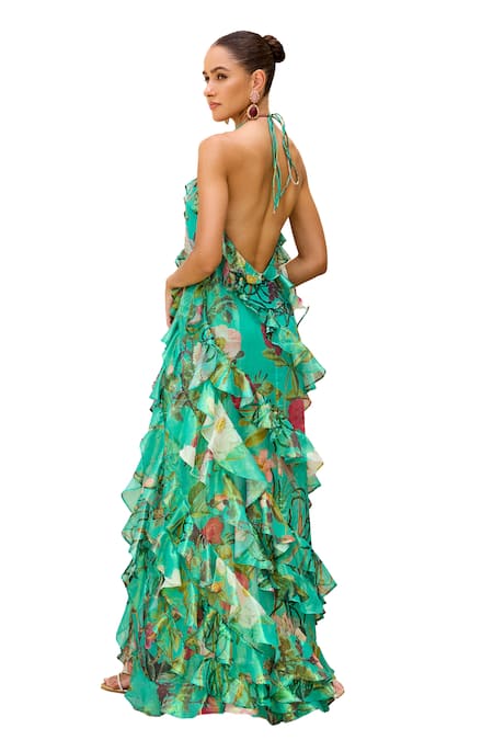 Buy_Prints By Radhika_Green Rainbow Lurex Georgette Print Floral Vine Halter Neck Ruffle Slit Dress 