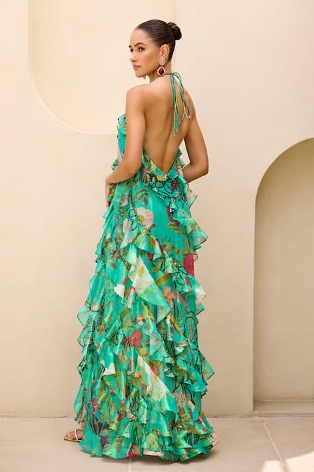 Shop_Prints By Radhika_Green Rainbow Lurex Georgette Print Floral Vine Halter Neck Ruffle Slit Dress 