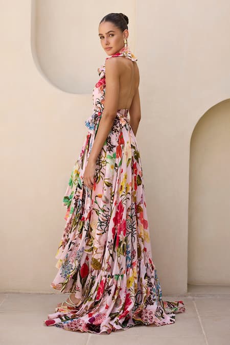 Prints By Radhika Pink Satin Organza Print Floral Vine Band Collar High-low Dress Online at Aza Fashions Prints By Radhika_Pink Satin Organza Print Floral Vine Band Collar High-low Dress _Online_at_Aza_Fashions