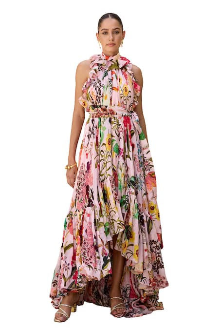 Buy Prints By Radhika Pink Satin Organza Print Floral Vine Band Collar High-low Dress Online at Aza Fashions Buy_Prints By Radhika_Pink Satin Organza Print Floral Vine Band Collar High-low Dress _Online_at_Aza_Fashions