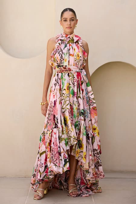 Shop Prints By Radhika Pink Satin Organza Print Floral Vine Band Collar High-low Dress Online at Aza Fashions Shop_Prints By Radhika_Pink Satin Organza Print Floral Vine Band Collar High-low Dress _Online_at_Aza_Fashions